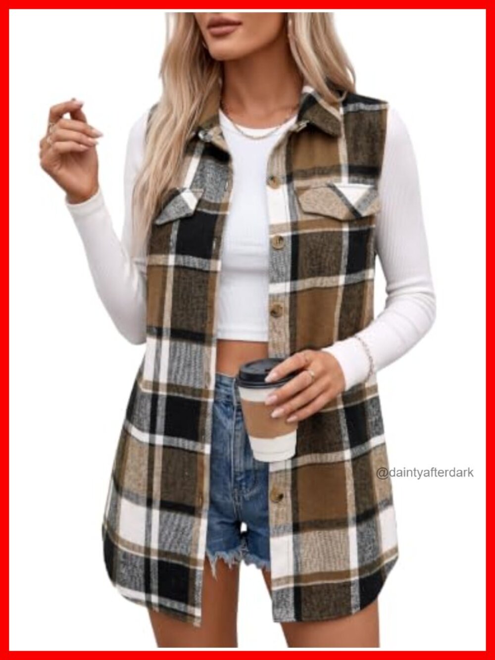 Flannel Plaid Vest Sleeveless Lined Casual Fall Jacket Outerwear Pockets